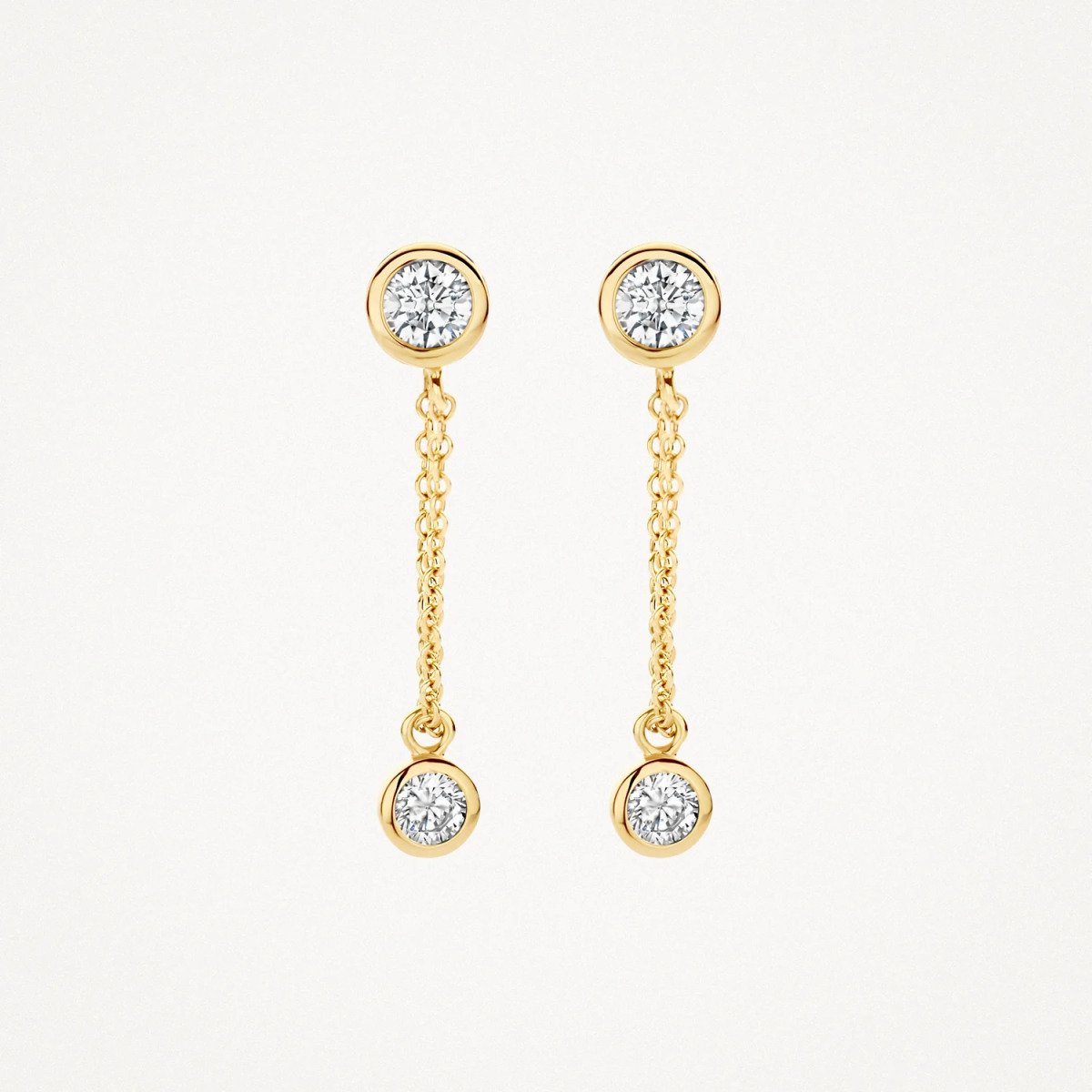 Blush 7347YZI 14-karaat gouden oorhangers met 2 ronde zirkonia's en schakelketting - Hoogte 20 mm