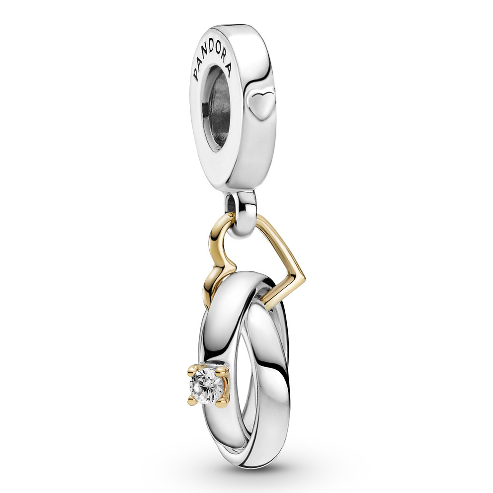 Pandora Moments 799319C01 hangende bedel met trouwringen, hartje en transparante zirkonia - Met 14 krt goud