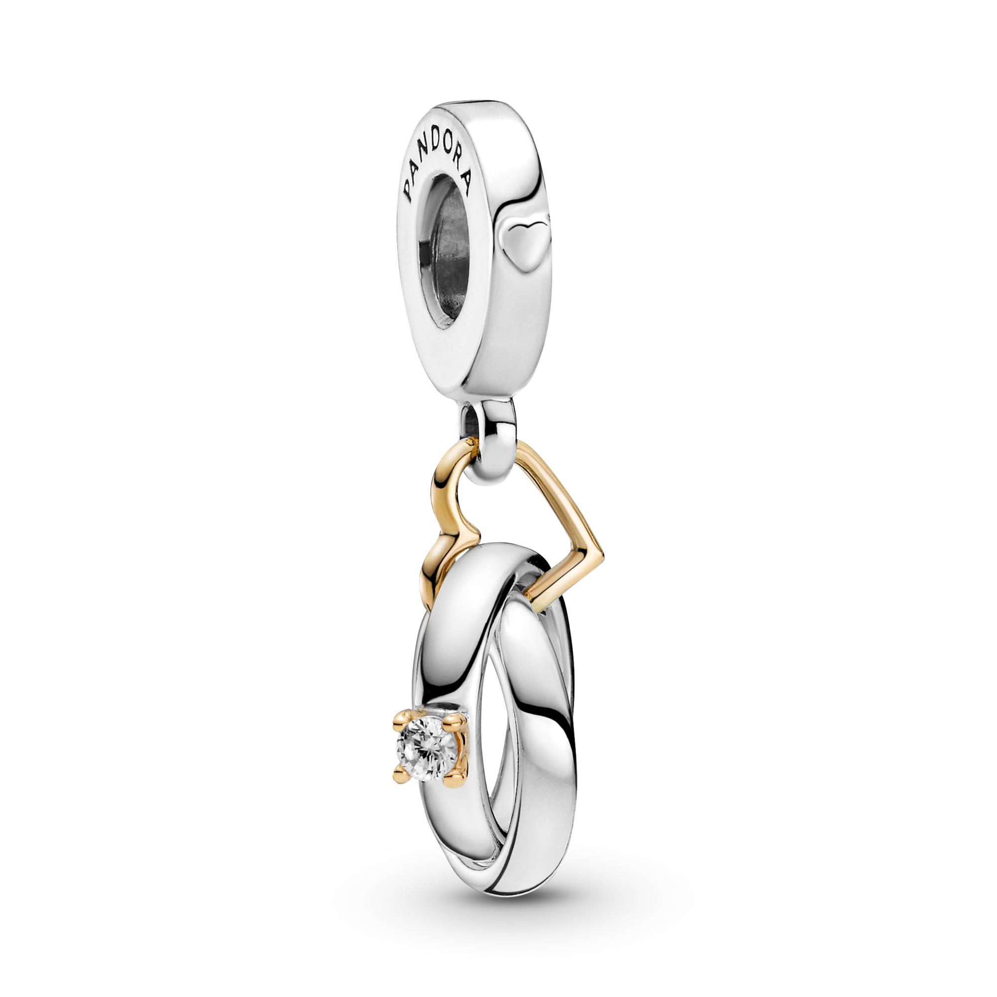Pandora Moments 799319C01 hangende bedel met trouwringen, hartje en transparante zirkonia - Met 14 krt goud