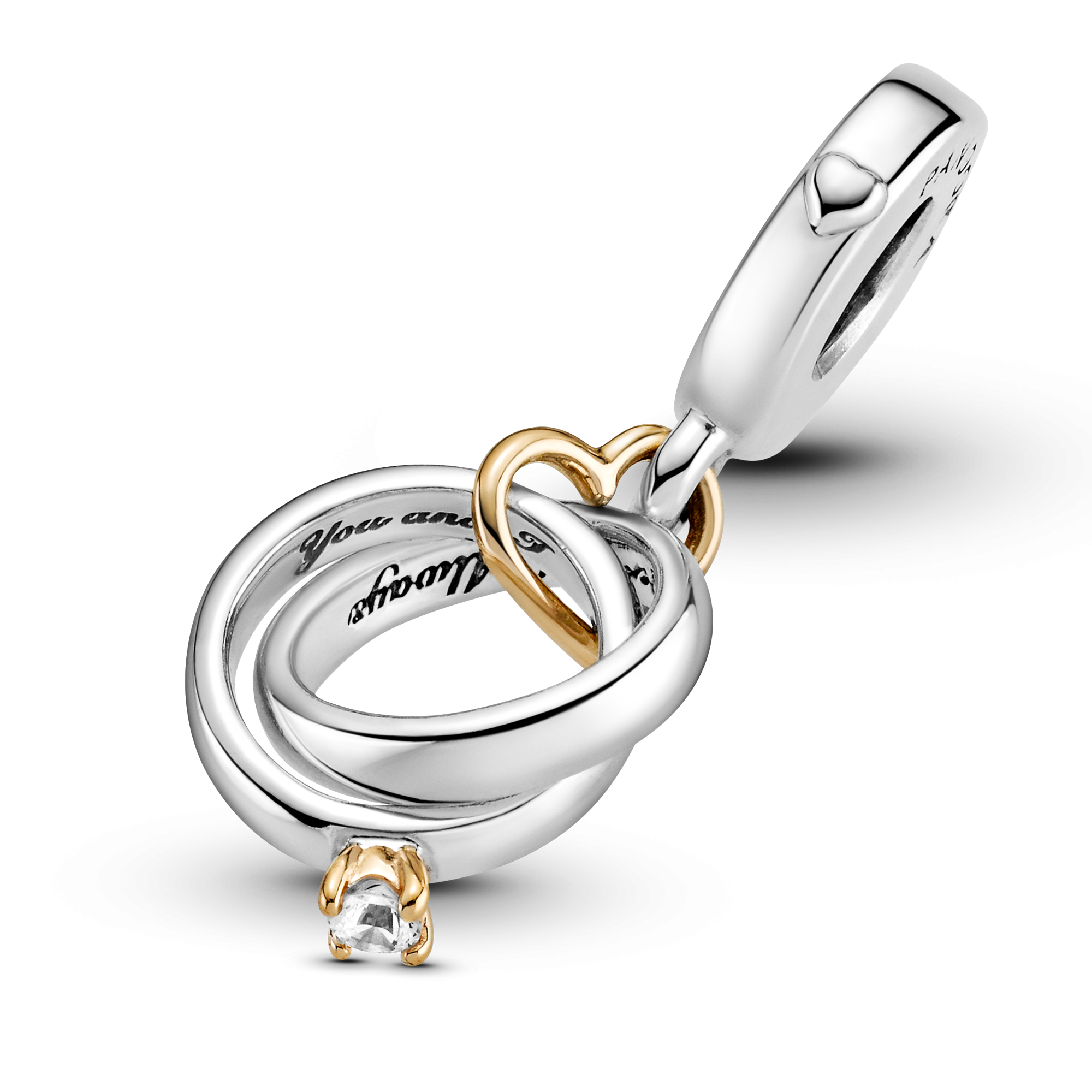 Pandora Moments 799319C01 hangende bedel met trouwringen, hartje en transparante zirkonia - Met 14 krt goud