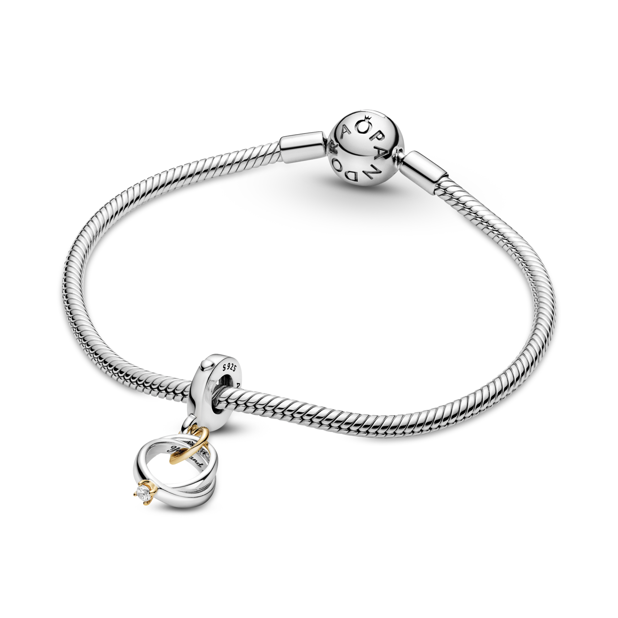 Pandora Moments 799319C01 hangende bedel met trouwringen, hartje en transparante zirkonia - Met 14 krt goud