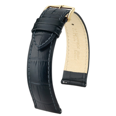 HIRSCH Duke 01028050OE-1 zwart leren horlogebandje met krokodillenpatroon en goudkleurige gesp