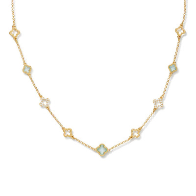 GLOW 102.8630.55 goudkleurige ketting met blauwe bloemen 8 mm - Lengte 55 cm