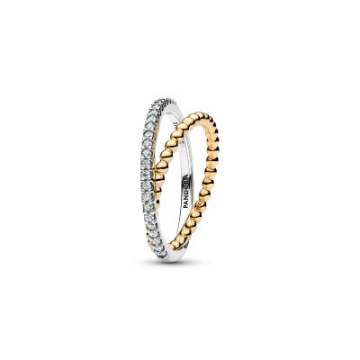 Pandora Signature 164827C01 crossover ring met zilveren zirkonia band en gold plated bolletjes