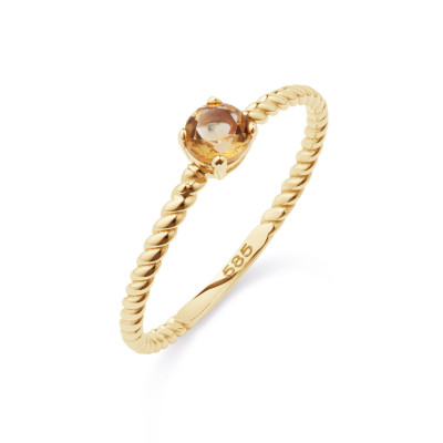 GLOW 214.0243 14k gouden solitair ring gedraaid met oranje citrien 5 mm breed