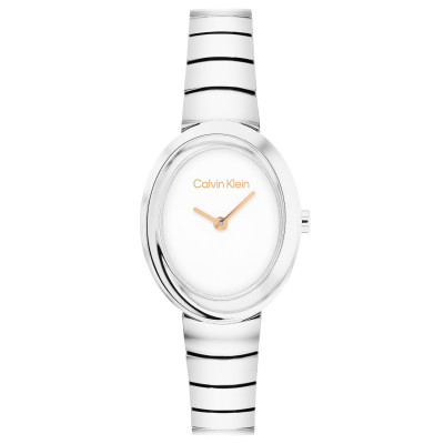 Calvin Klein CK25100149 zilverkleurig dameshorloge met ovale kast en rosékleurige wijzers - Ø 24 mm