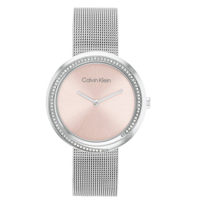 Calvin Klein CK25200149 zilverkleurig dameshorloge met roze wijzerplaat en steentjes - Ø 34 mm