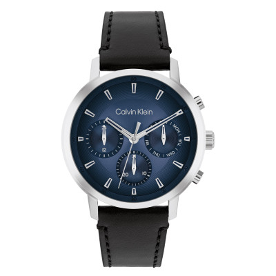 Calvin Klein CK25200497 zilverkleurig herenhorloge met blauwe wijzerplaat en zwart leren band - Ø 41 mm
