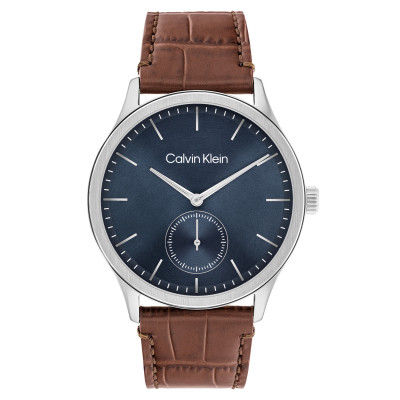 Calvin Klein CK25200552 zilverkleurig herenhorloge met blauwe wijzerplaat en bruine leren band - Ø 42 mm