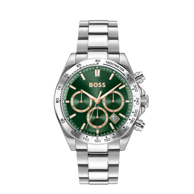 Boss Hero HB1514268 zilverkleurig herenhorloge met groene wijzerplaat en chronograaf - Ø 43 mm