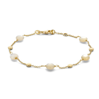14-karaat-gouden-armband-met-witte-parelmoer-en-matte-cirkels-lengte-19-cm