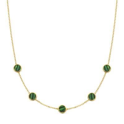 14-karaat-gouden-collier-met-vijf-rondjes-van-goud-en-groene-malachiet-lengte-43-45-cm
