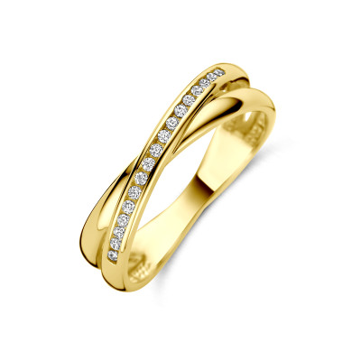 14-karaat gouden crossover ring met zirkonia's pavé gezet 5 mm breed