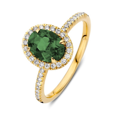 14-karaat-gouden-entourage-ring-met-groene-toermalijn-1-22-crt-en-diamant-0-24-crt-11-mm-breed