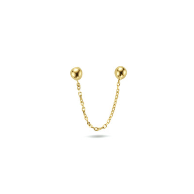 14-karaat gouden oorbel met dubbele knopjes en een kettinkje ertussen 2.8 mm breed - Lengte 30 mm - Per stuk
