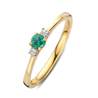14-karaat-gouden-ring-met-groene-smaragd-0-18-crt-en-transparante-diamant-0-07-crt-3-2-mm-breed