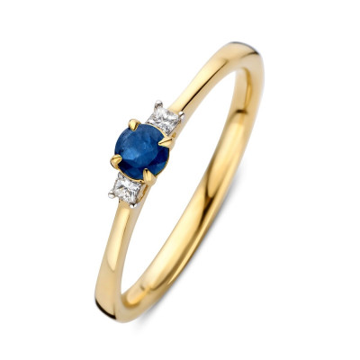 14-karaat-gouden-ring-met-ronde-blauwe-saffier-0-20-crt-en-transparante-diamant-0-07-crt-3-3-mm-breed