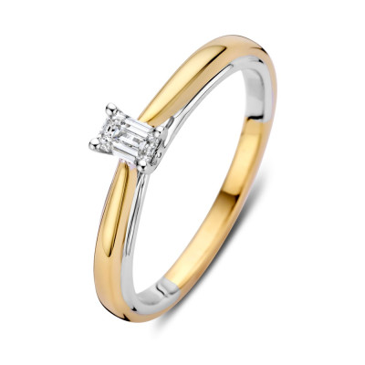 Bicolor solitair ring met prachtige emerald geslepen diamant 0.22 crt