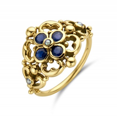 filigrain-gouden-vintage-stijl-ring-met-parels-en-blauwe-saffier