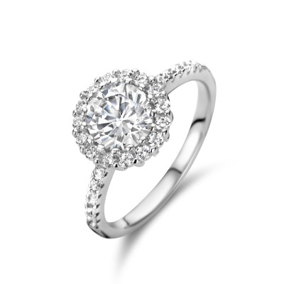 Glanzende zilveren halo ring met briljant geslepen zirkonia's 10 mm breed