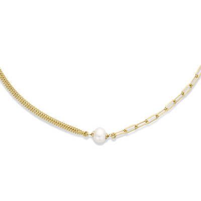 Gold plated combi-ketting met zoetwaterparel - Lengte 41 + 4 cm
