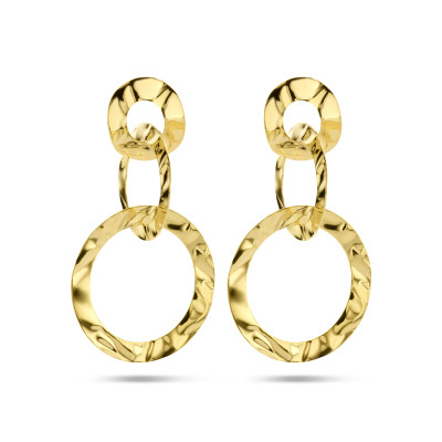 Gold plated gehamerde oorhangers met 3 cirkels 27 mm breed - Hoogte 48 mm
