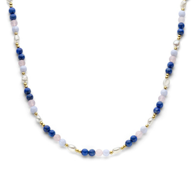 Gold plated ketting met parels en rozekwarts, lapis en agaat - Lengte 42-45 cm