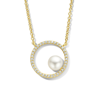 Gold plated ketting met ronde zirkonia hanger en parel - Lengte 42 + 3 cm