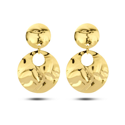 Gold plated oorhangers met dubbele cirkels glanzend gehamerd 20 mm breed - Hoogte 34 mm