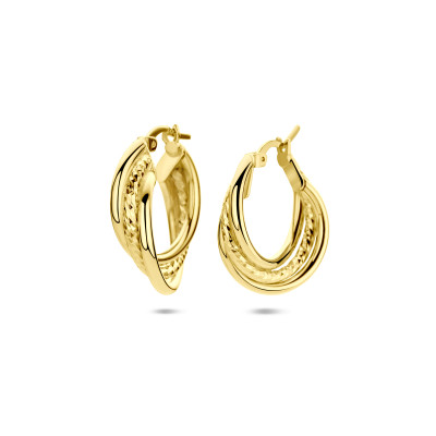 Gold plated ronde oorringen met gedraaid patroon 6 mm breed - Hoogte 23.5 mm