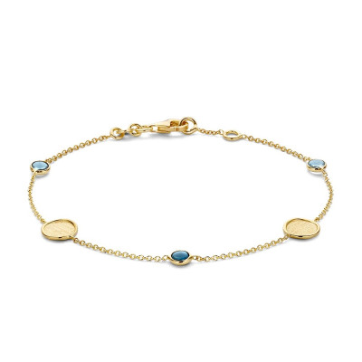 gouden-armband-met-matte-organische-cirkels-en-blauwe-topaas-stenen-lengte-19-cm