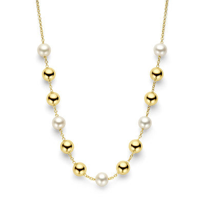Gouden ketting met glanzende bolletjes en witte zoetwaterparels - Lengte 45 cm