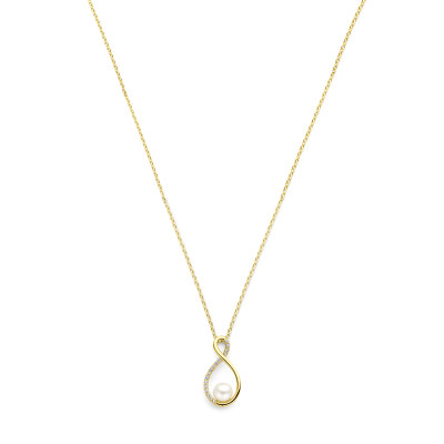 Gouden parelketting met zoetwaterparel in een druppelvormige hanger - Lengte 43-45 cm
