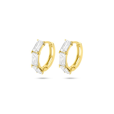 Goudkleurige oorringen met rechthoekige transparante zirkonia - Diameter 15.5 mm