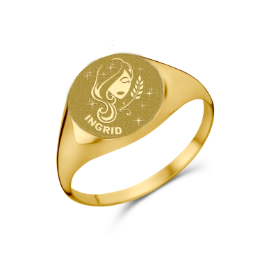 Ronde gouden zegelring met sterrenbeeld en naam