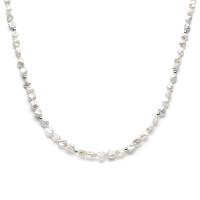 Parelketting met barokke parels en zilveren bolletjes - Lengte 42-45 cm