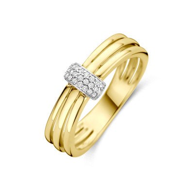 Ring met 3 gouden banden en een witgouden diamanten vorm 0.08 crt 7 mm breed