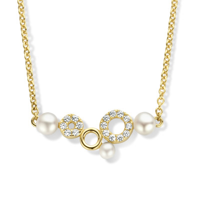 Stijlvolle gold plated ketting met zirkonia's en parels - Lengte 42 + 3 cm