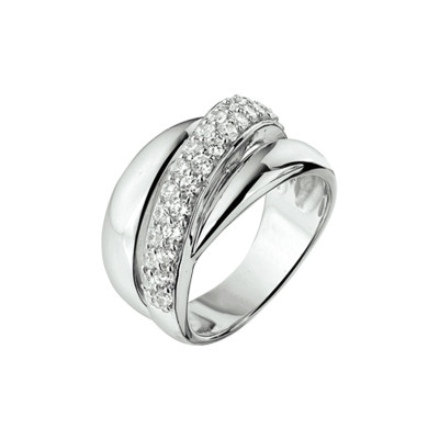 Zilveren crossover ring met briljant geslepen transparante zirkonia's 11.5 mm breed