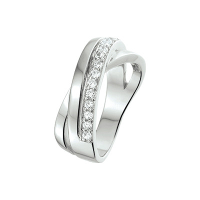 Zilveren crossover ring met pavé gezette transparante zirkonia's 9 mm breed