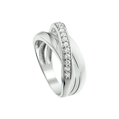 Zilveren glanzende crossover ring met transparante zirkonia's 9 mm breed