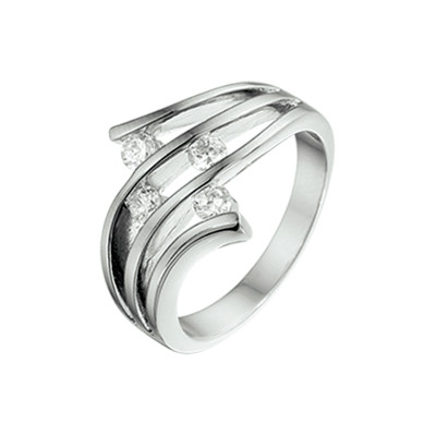 Zilveren glanzende ring met golvende lijnen en zirkonia's 15.5 mm breed