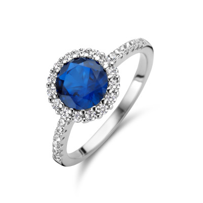 Zilveren halo ring met blauwe en transparante zirkonia's 10 mm breed