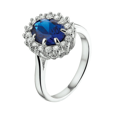 Zilveren halo ring met blauwe man made saffier en zirkonia 11.5 mm breed