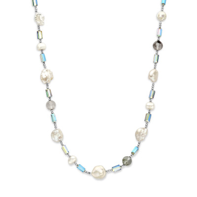 Zilveren ketting met parels en agaat grijs en blauw - Lengte 44.5 cm - 49.5 cm
