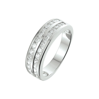 Zilveren ring met dubbele rij transparante zirkonia's 6 mm breed