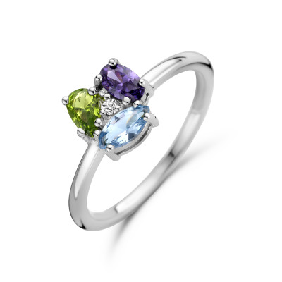 Zilveren ring met groene paarse en blauwe zirkonia 8 mm breed