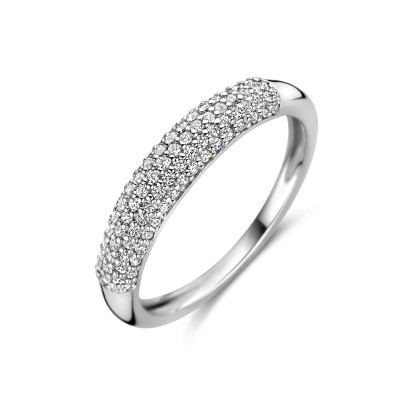 Zilveren ring met zirkonia's in pavézetting transparant gerhodineerd 4 mm breed