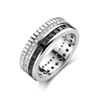 Zilveren ring met zwarte en transparante zirkonia stenen 7 mm breed