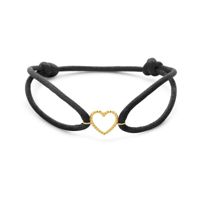 Zwart satijnen koordarmband met bolletjes hartje van 14-karaat goud 12 mm breed - Lengte 13-26 cm